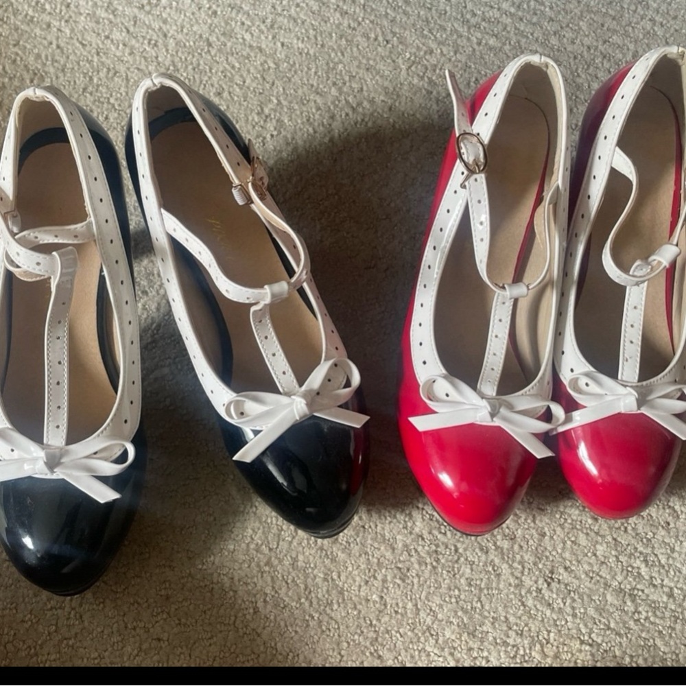 Vintage-Inspired T-Strap Patent Heels in Black and Red